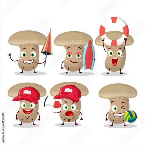 Happy Face milk mashroom cartoon character playing on a beach