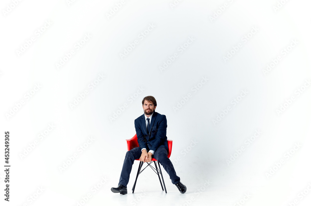 Cheerful Man Sitting on Red Chair Manager Office Work Cheerful Man Sitting on Red Chair Manager Office Work