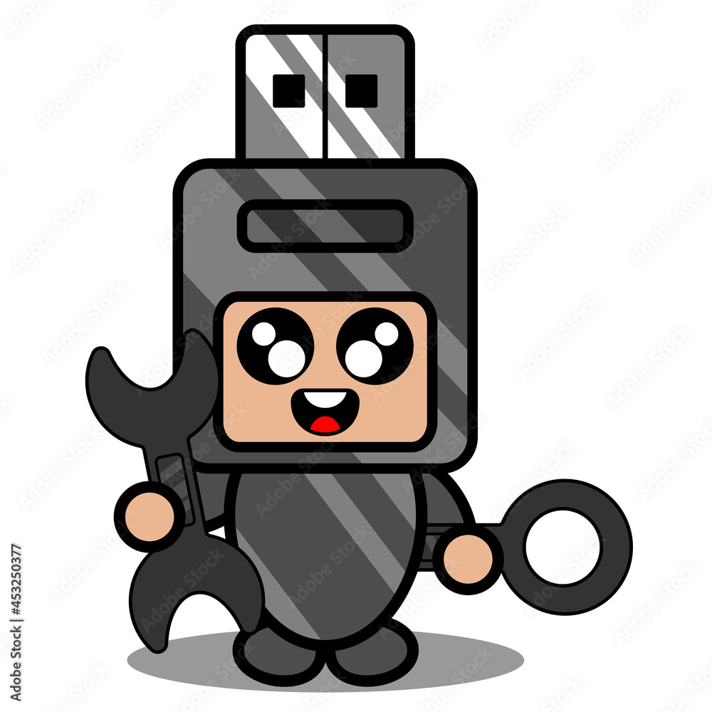 doodle vector cartoon cute flash drive mascot costume character holding mechanical tool