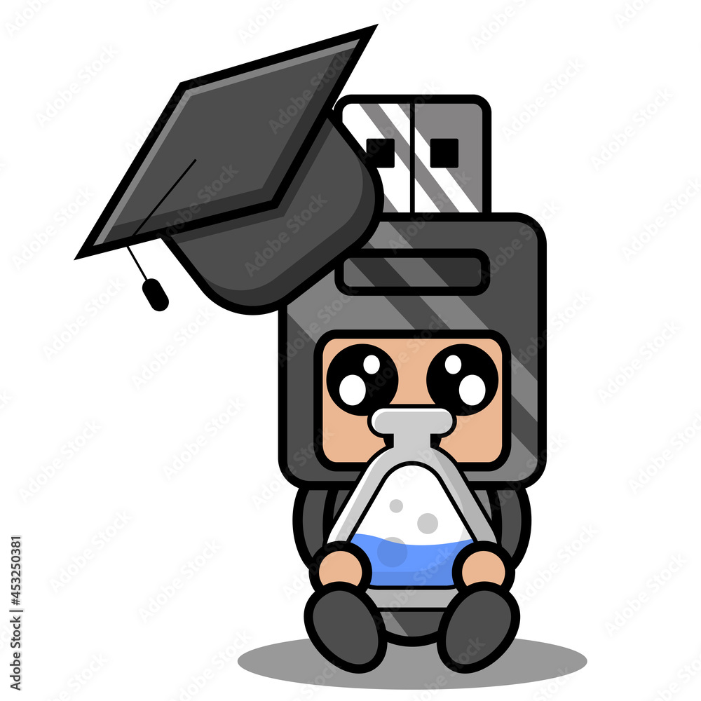 doodle vector cartoon cute flash drive mascot costume character wearing graduation cap and holding science glass