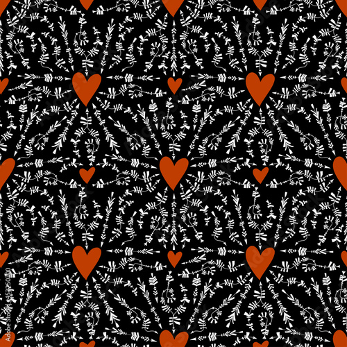 Abstract contemporary style seamless pattern with creative arrows and hearts in minimalism aesthetic, retro background.