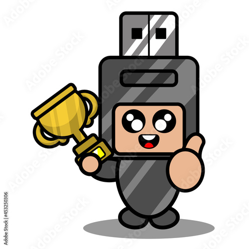 doodle vector cartoon cute flash drive mascot costume character holding trophy with thumbs up