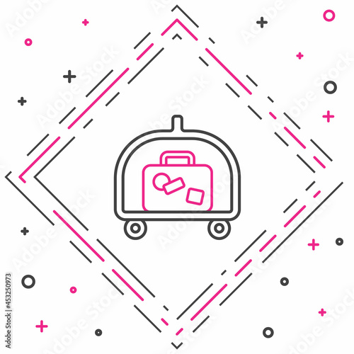 Line Hotel luggage cart with suitcase icon isolated on white background. Traveling baggage sign. Travel luggage icon. Colorful outline concept. Vector
