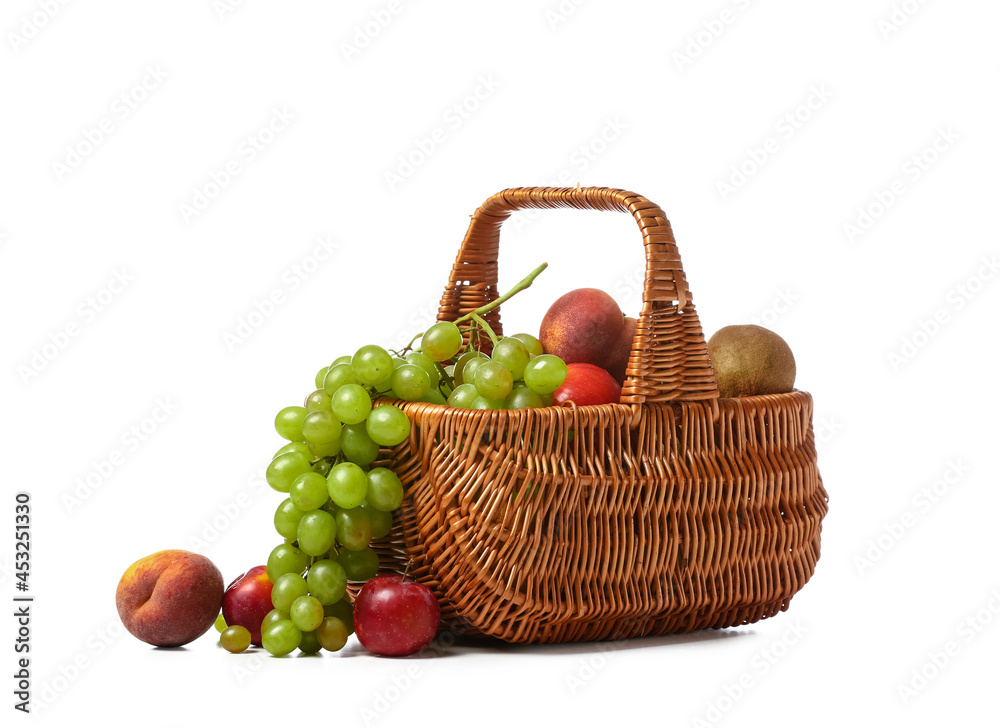 Basket with fresh fruits on white background Basket with fresh fruits on white background