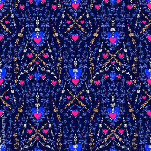 Abstract classic style seamless pattern with creative arrows and hearts in minimalism aesthetic, retro background.