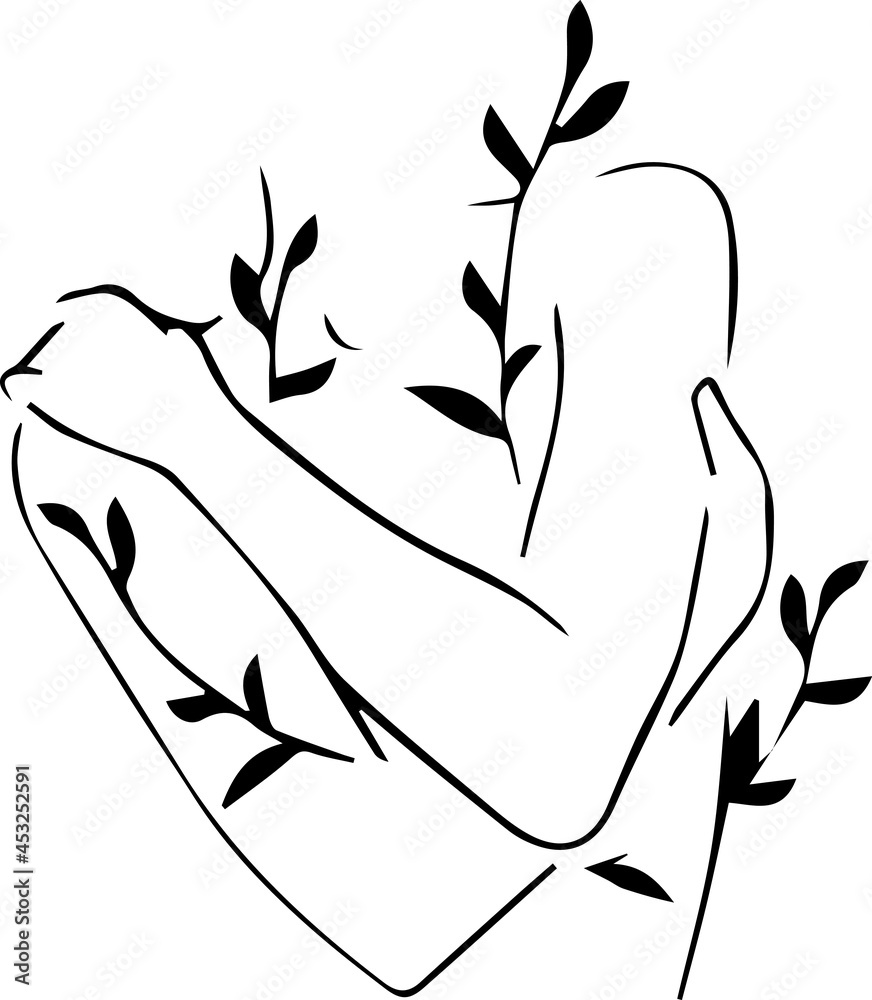 Self Hug floral simple minimalistic tattoo. A girl hugging herself in a linear style. The concept of self-love hand drown vector illustration.  - obrazy, fototapety, plakaty 