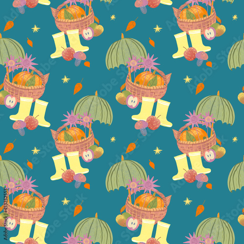 Childish seamless pattern with rubber boots, umbrella, foliage, Can be used for textile design, clothes, wallpaper, bags. decoration. 