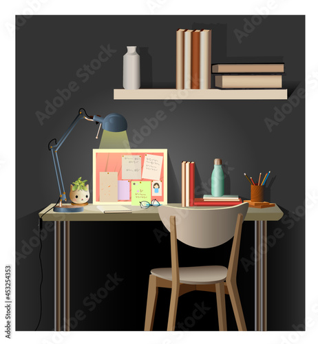 Vector illustration of workplace or study room with books, study lamp, board, bookshelf.