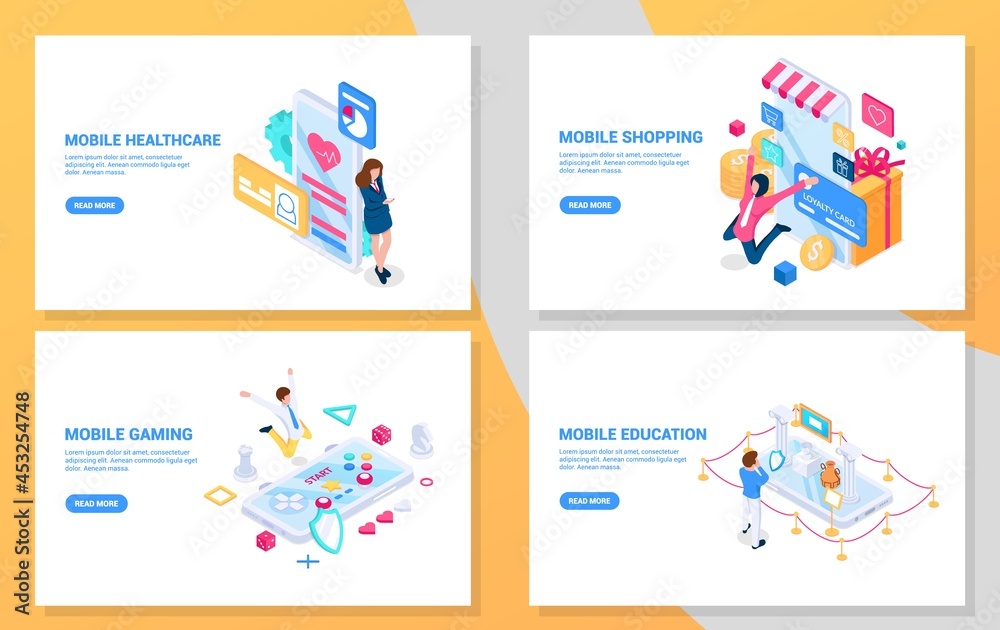 Mobile apps. Set of 4 isometric concepts. Apps for healthcare , entertainment, gaming and shopping. Vector illustrations on white background. Mobile apps. Set of 4 isometric concepts. Apps for healthcare , entertainment, gaming and shopping. Vector illustrations on white background.