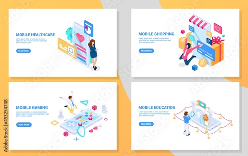 Mobile apps. Set of 4 isometric concepts. Apps for healthcare , entertainment, gaming and shopping. Vector illustrations on white background.