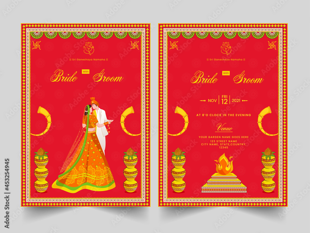 Indian Wedding Invitation Card With Hindu Newlywed Couple And Event Details  In Front And Back Side. Stock Vector | Adobe Stock