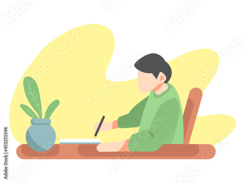 illustration of little boy writing schoolwork near potted plants at study table. isolated on a yellow background. concept of learning at home, school, education. flat vector design