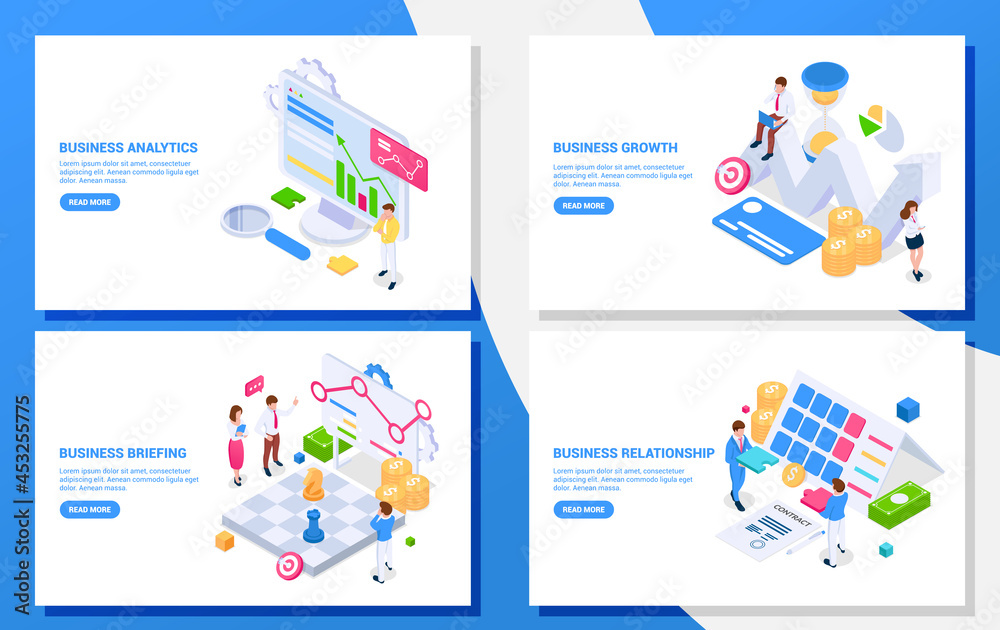 Business solutions. Set of 4 isometric concepts. Business briefing, relationships, analytics, growth  Vector illustrations on white background.