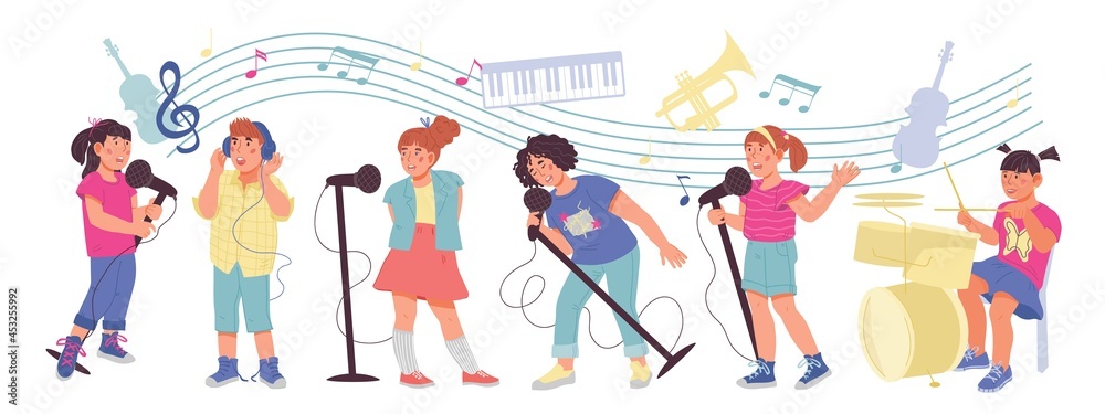 Naklejka premium Banner with children playing musical Instruments and singing songs. Kids orchestra or band, music education for children and karaoke concept, flat vector illustration isolated on white background.