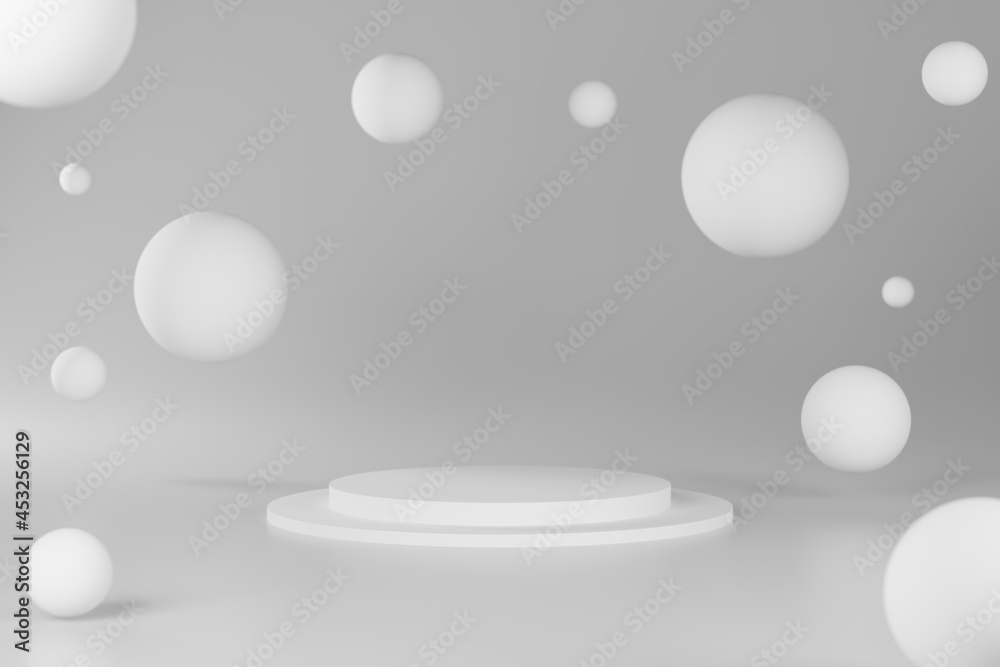3D white abstract geometry podium for product advertising. 3D rendering of minimal podium around with spheres. 3D illustration. 3D white abstract geometry podium for product advertising. 3D rendering of minimal podium around with spheres. 3D illustration.