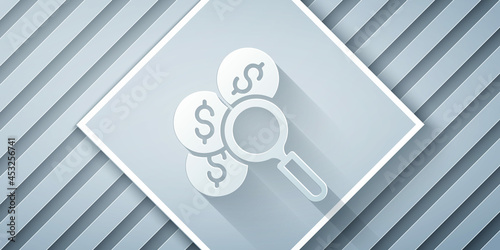 Paper cut Search for money icon isolated on grey background. Paper art style. Vector