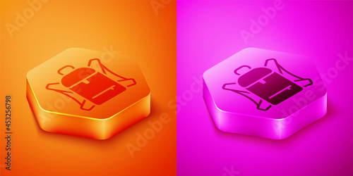 Isometric Hiking backpack icon isolated on orange and pink background. Camping and mountain exploring backpack. Hexagon button. Vector