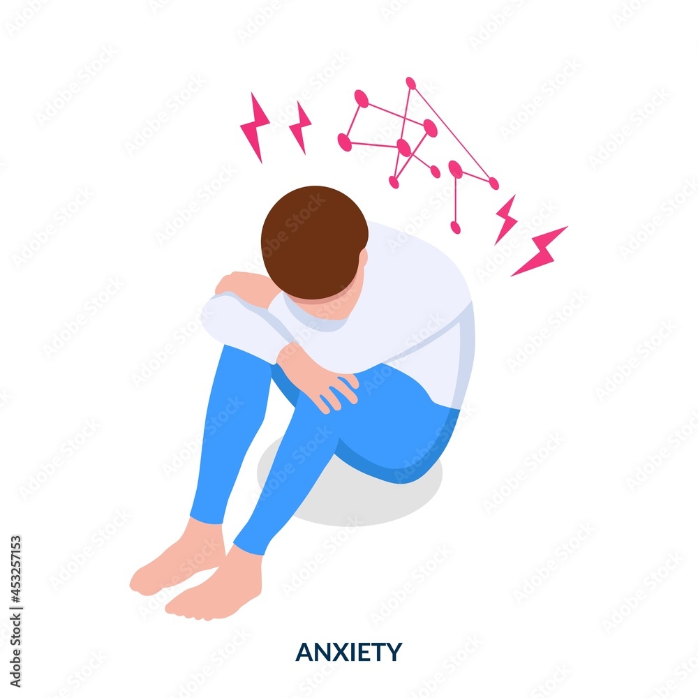 Anxiety concept. A man sits on the floor with his arms around his knees and worries. Isometric vector illustration on white background.