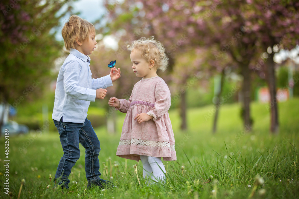 Beautiful children, toddler boy and girl, playing together in cherry blossom garden,boy giving a little bouquet of wild flowers to the girl. Kids friendship Beautiful children, toddler boy and girl, playing together in cherry blossom garden,boy giving a little bouquet of wild flowers to the girl. Kids friendship