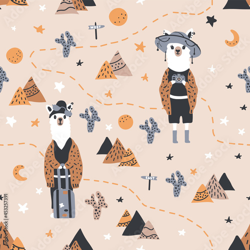 Funny cute seamless pattern with a llama in a hat against a background of mountains, cacti, and stars.Creative children's llama texture.For printing children's textiles, fabrics, decor, gift wrapping.