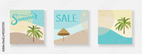 Blue and brown background for beach composition, texture of sea and beach waves. Lettering words summer, template for postcard design, ocean vacations.