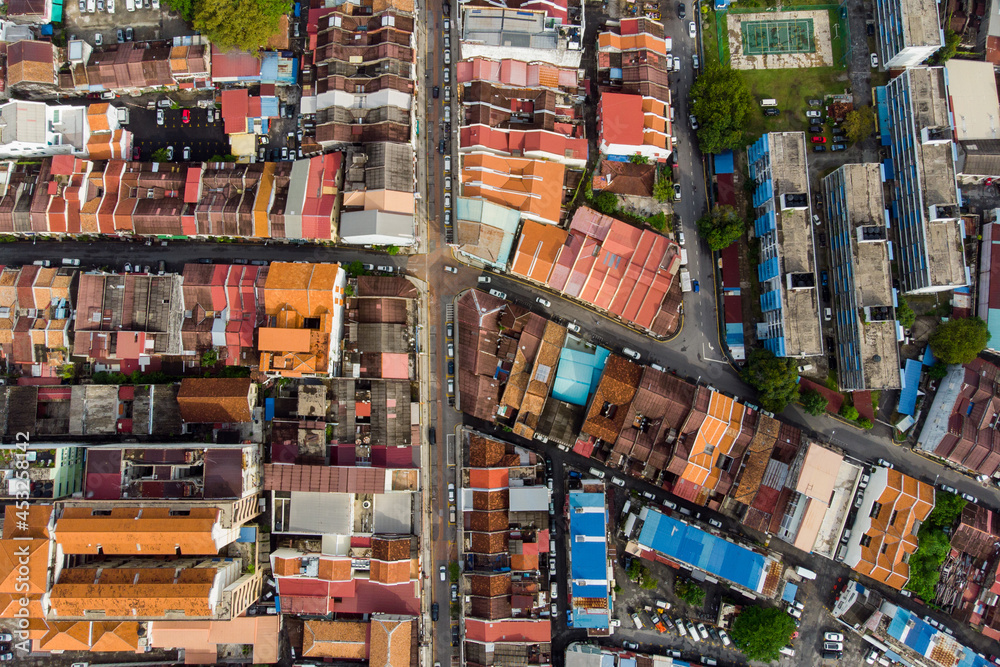 Aerial view showing roof tops of the heritage houses and streets of Georgetown Penang.
