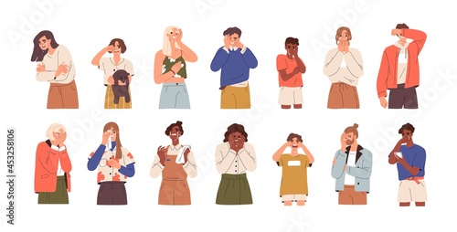 Set of sad and upset people crying, weeping and sobbing from sorrow and grief. Unhappy person shedding tears. Man, woman, girl and boy in despair. Flat vector illustration isolated on white background