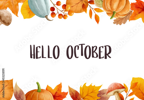 Hello october with ornate of leaves flower frame. Autumn october hand drawn lettering template design. photo