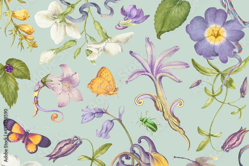 Beautiful purple floral pattern on green background, remixed from artworks by Pierre-Joseph Redouté