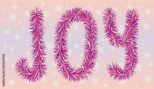 Pink and red inscription or sign Joy with tinsel and snowflakes on soft pastel background