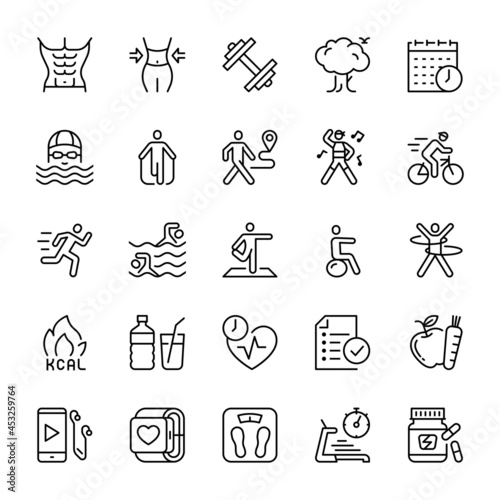 Exercising, workout, fitness, healthy lifestyle, icon set, vector illustration.
