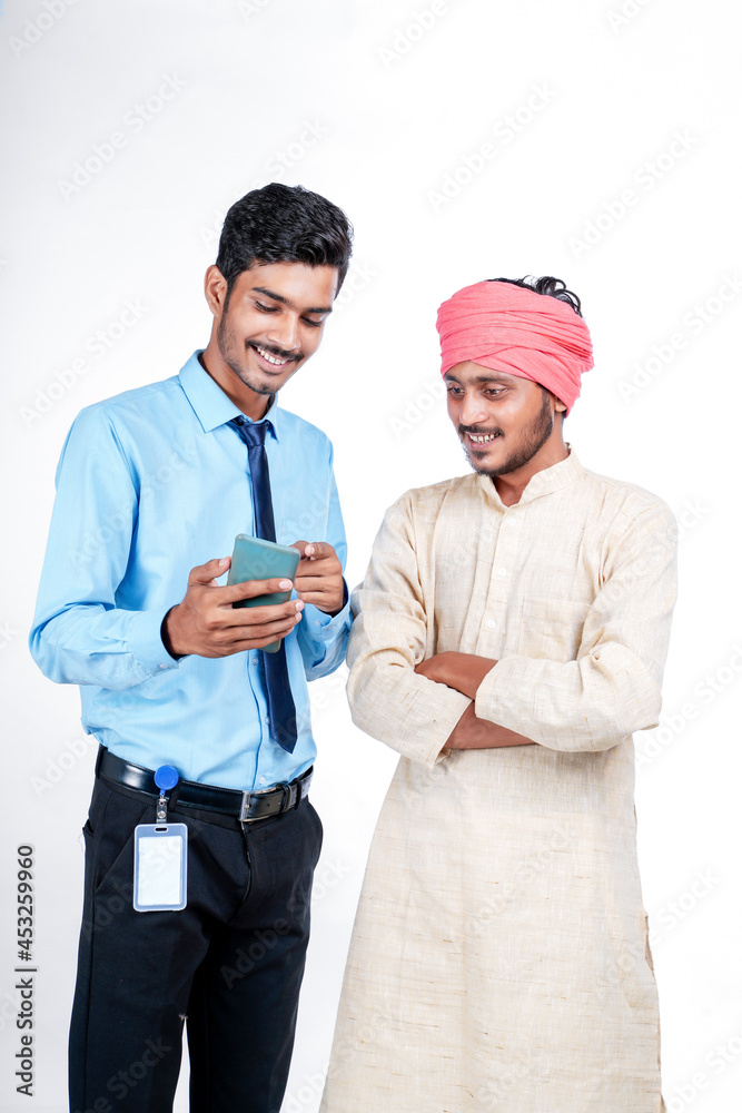 Technology concept : officer showing some detail to farmer in smartphone. Technology concept : officer showing some detail to farmer in smartphone.