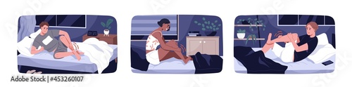 People feel sharp muscle pain because of leg cramps at night. Man and woman in beds with sudden acute aches in foot and ankle. Person suffering from spasms and numb limbs. Flat vector illustrations photo