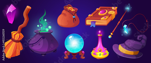 Magic elements, crystal, broom, cauldron, bag of runes, magic ball, witch hat, magic wand, book isolated on background. Elements and things for witchcraft.Vector cartoon icons set.  