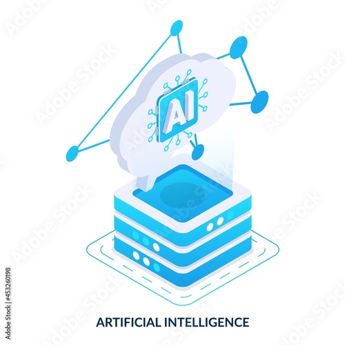 Artificial intelligence concept. Giant brain with computer processor. Isometric vector illustration on white background.