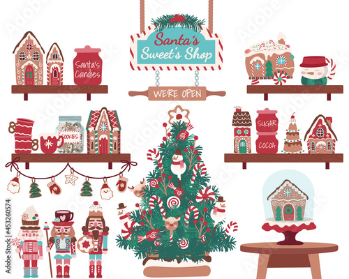 Holiday Sweet Christmas tree, gingerbread house, nutcracker, biscuits and sweets for cards, media, fabric, linen, textiles and wallpaper