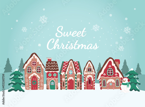 Holiday Christmas cute gingerbread house, village and sweets for cards, media, fabric, linen, textiles and wallpaper