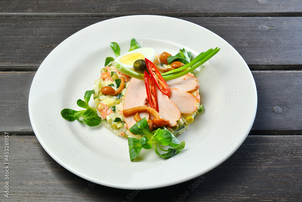 Easy Diet salad with corn eggs chicken and mushrooms Easy Diet salad with corn eggs chicken and mushrooms