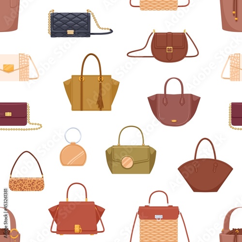 Seamless fashion pattern with women hand bags of different shape, color and design. Repeatable background with modern leather handbags, purses and clutches. Flat vector illustration for printing