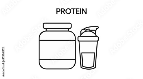 Vector Black and White solated Illustration of a Protein Bottle and a Protein Shaker. Flat Protein Icon