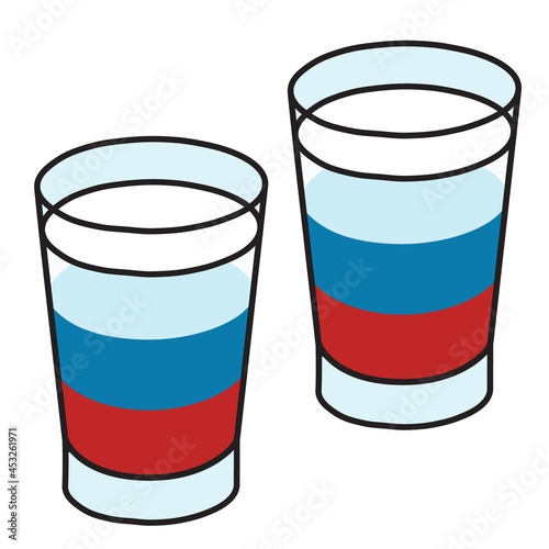 Stylish hand-drawn doodle cartoon hipster style vector illustration. A pair of layered shot shooter Russian Flag cocktails. For card, invitations, posters, bar menu or alcohol cook book recipe.