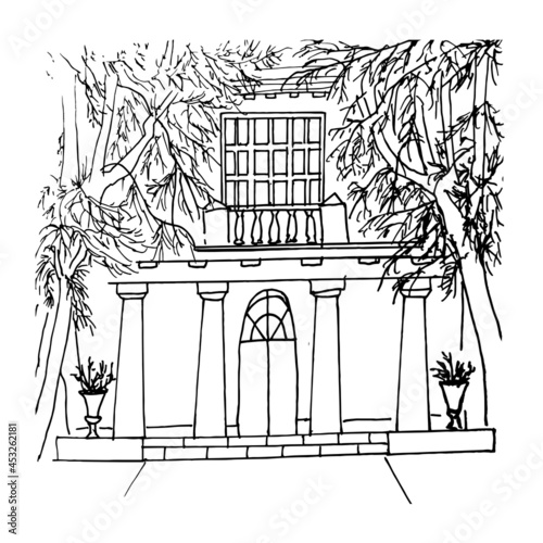 Sukhanovo estate Vector illustration in the style of a linear sketch. Coloring Page. photo