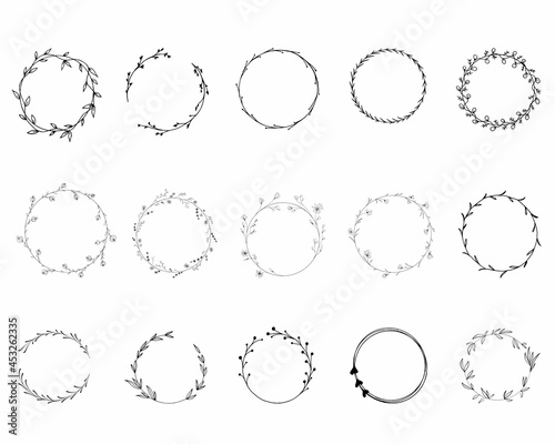 set of round elements for design. 15 lovely round vector frames to decorate your holiday merchandise. Wreaths of flowers, leaves, branches. Black and white frames. Hand drawing