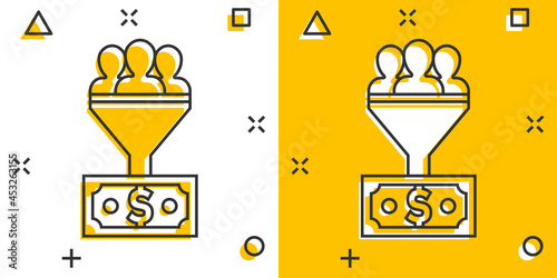 Lead management icon in comic style. Funnel with people, money vector cartoon illustration pictogram. Target client business concept splash effect.