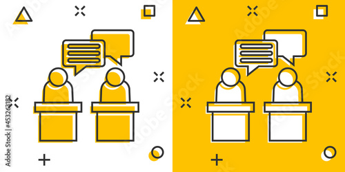 Politic debate icon in comic style. Presidential debates vector cartoon illustration pictogram. Businessman discussion business concept splash effect.