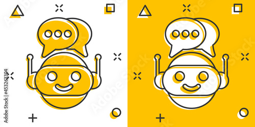 Cute robot chatbot icon in comic style. Bot operator vector cartoon illustration pictogram. Smart chatbot character business concept splash effect.