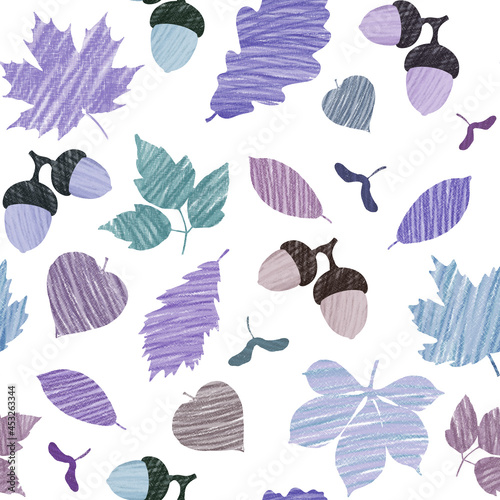 Seamless pattern, purple and blue autumn leaves and acorns on a white background, pencil, applique, texture.