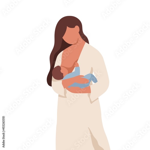 Mother breastfeeding newborn baby with her milk. Mom holding child in arms, who suckling breast. Breastfeed of infant. Woman and new born kid. Flat vector illustration isolated on white background