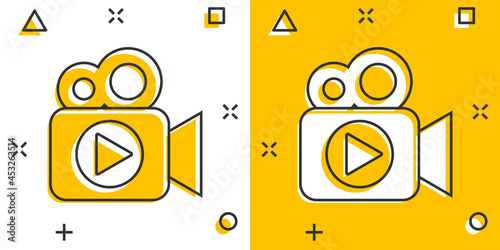 Video camera icon in comic style. Movie play vector cartoon illustration pictogram. Video streaming business concept splash effect.