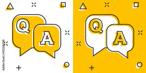 Question and answer icon in comic style. Discussion speech bubble vector cartoon illustration pictogram. Question, answer business concept splash effect.